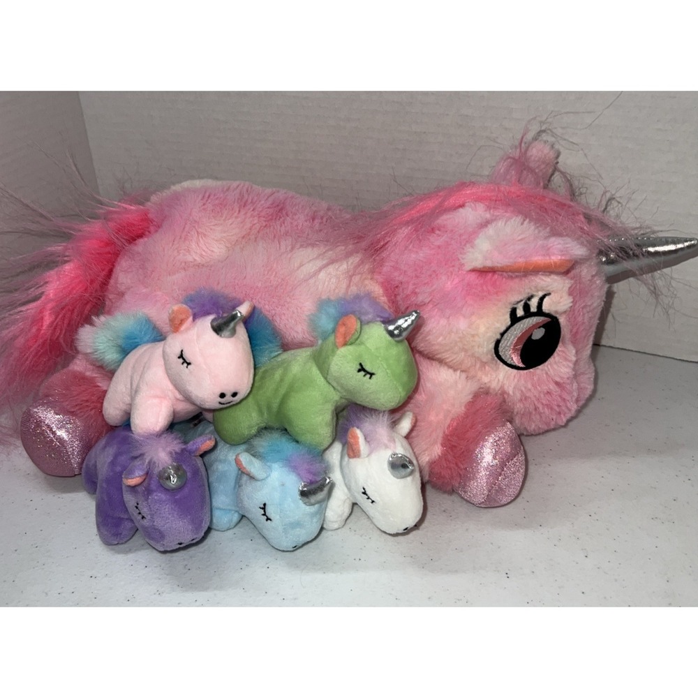 Pink Unicorn 14" Stuffed Animal Mommy and 5 Baby 4" Unicorns Plush Mom Babies